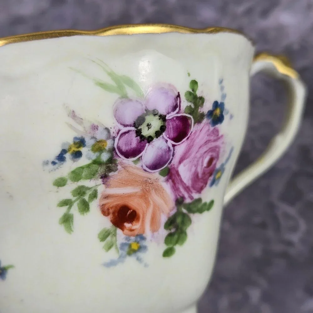 Vintage Porcelain 3 Piece Set Cup, Saucer, Snack Plate Floral Pattern Gold Trim